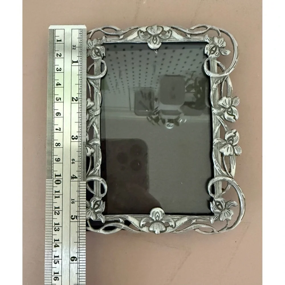 Silver Tone Rectangular Photo Frame Floral Design Holds 3